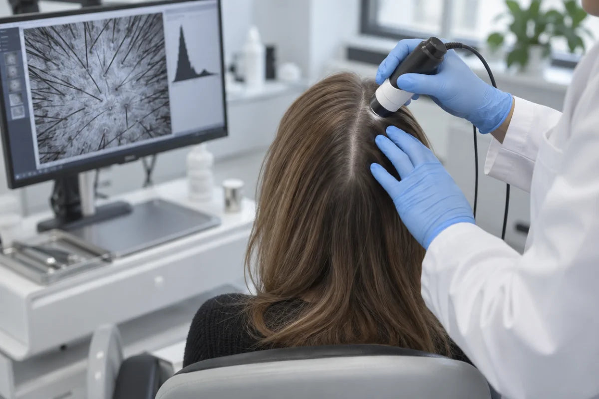 A technician scanning a woman's parting with a trichoscope camera, the follicle image on the screen