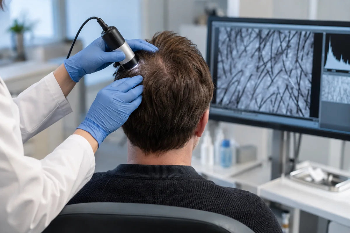 A technician scanning a man's crown with a trichoscope camera, the follicle image on the screen