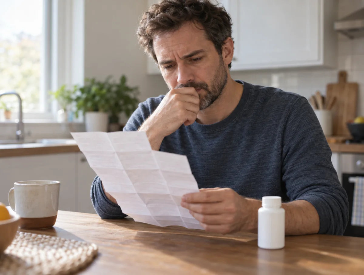 A man at a kitchen table reading the folded leaflet that came with a hair-loss pill