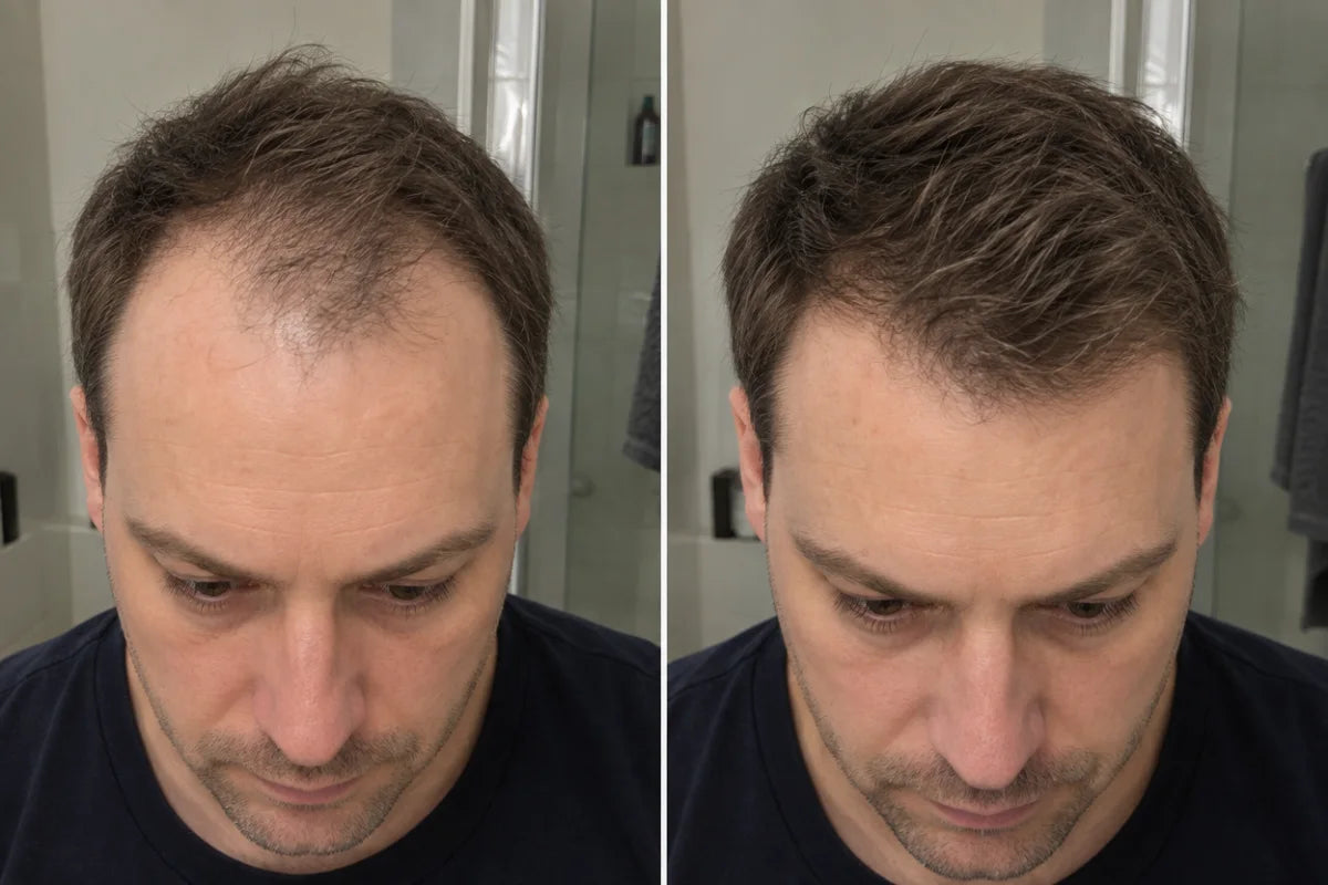 A man's hairline before and after twelve weeks, same bathroom, same angle
