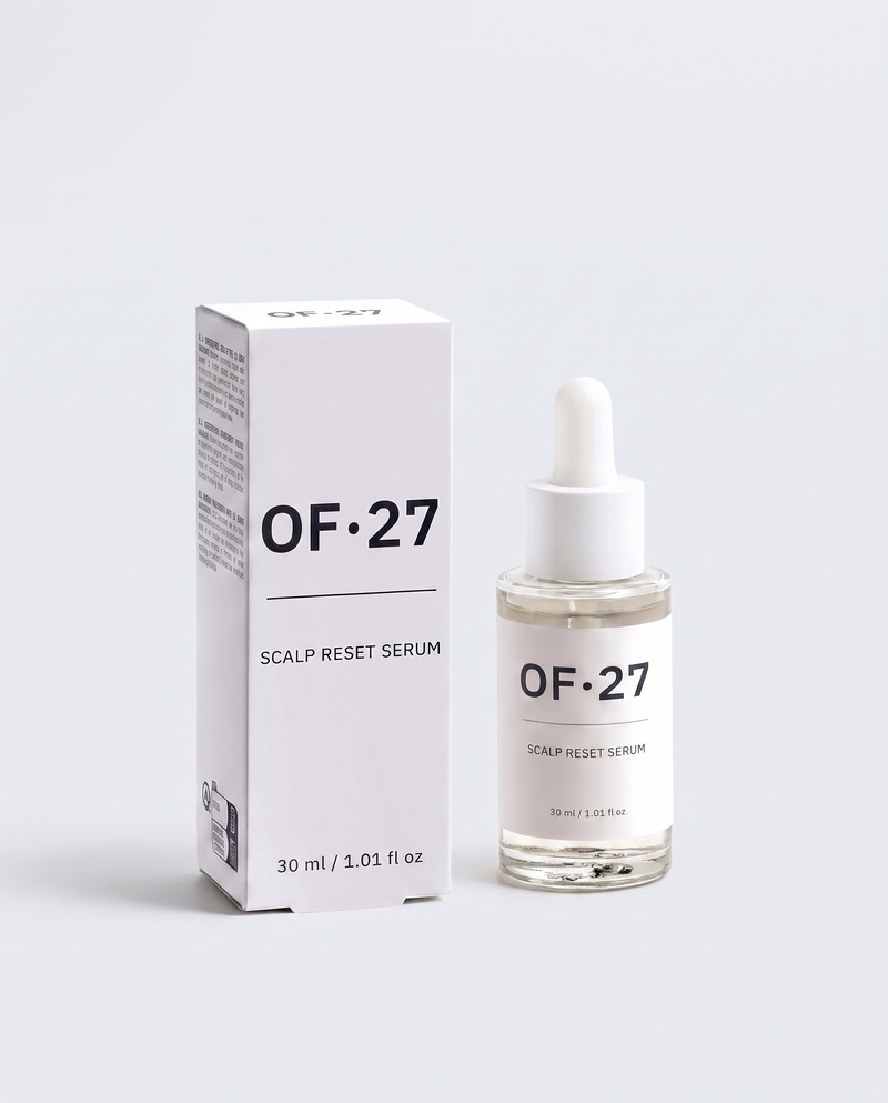 OF·27 Scalp Reset Serum, 30 mL dropper bottle with its carton, studio shot