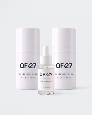 The OF·27 Complete System: Scalp Reset Serum and two Follicular Serum bottles, studio shot