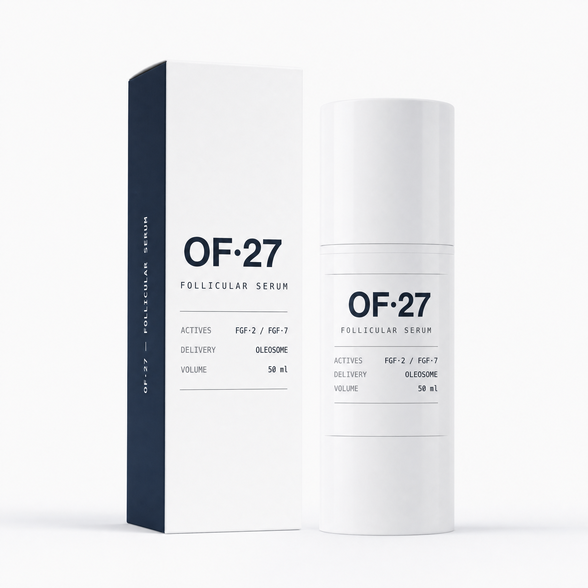 OF·27 hair-density protocol, 50 mL airless pump bottle with carton