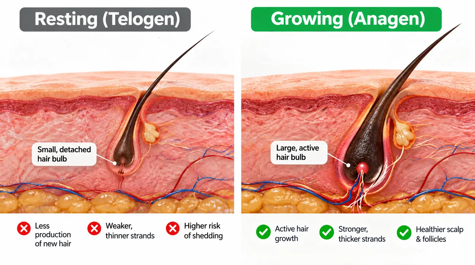 Resting (Telogen) vs Growing (Anagen) hair follicle