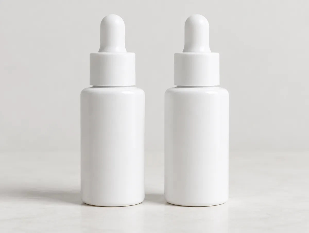 Two identical unlabeled serum bottles side by side, indistinguishable from one another