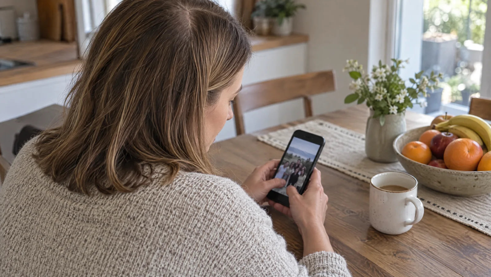 A woman at her kitchen table looking at a group photo on her phone, her parting visible from above