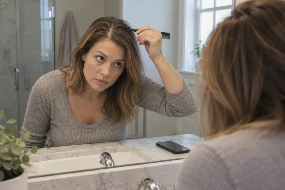A woman moving her parting with the tail of a comb in the bathroom mirror, her phone on the counter