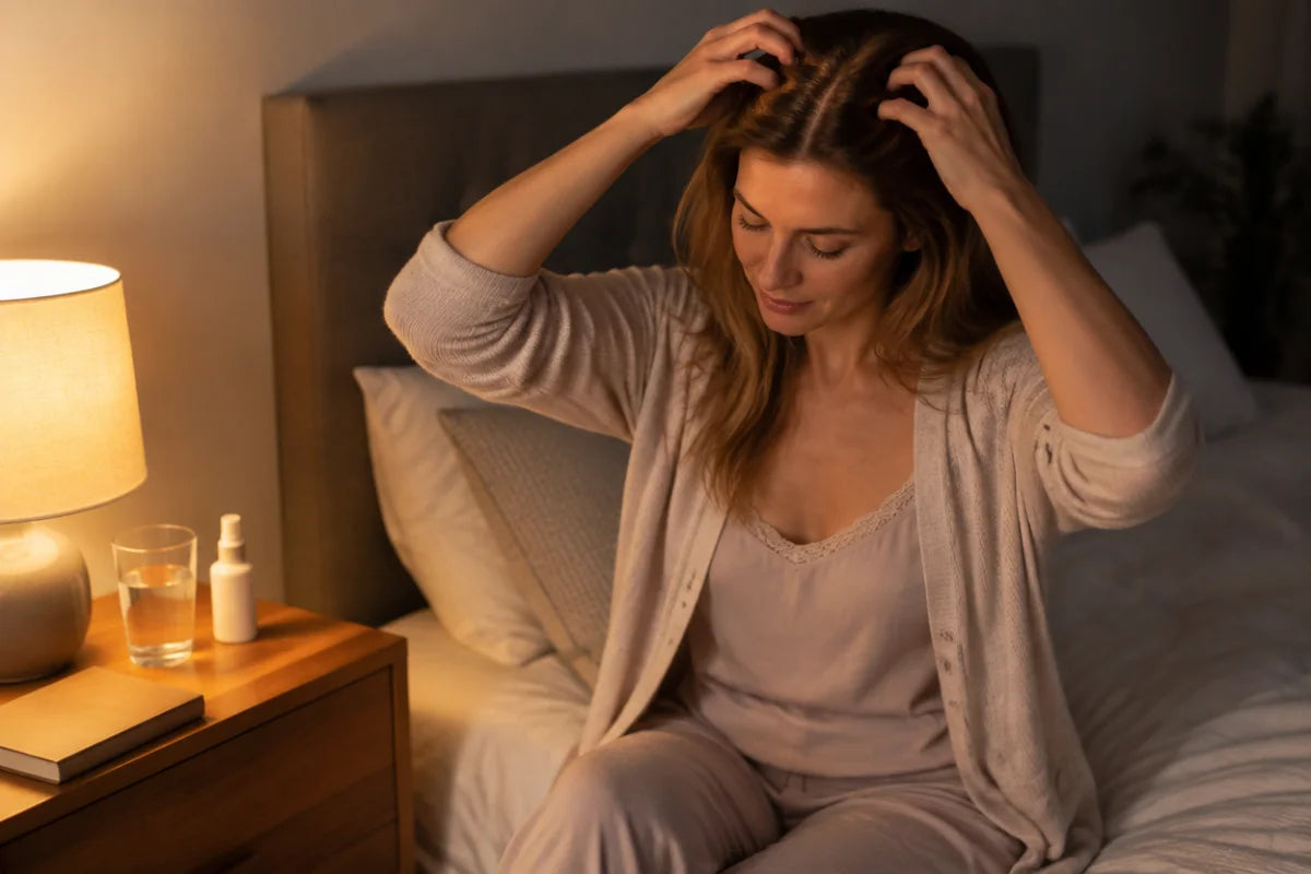 A woman at the edge of her bed at night massaging one pump of serum into her parting