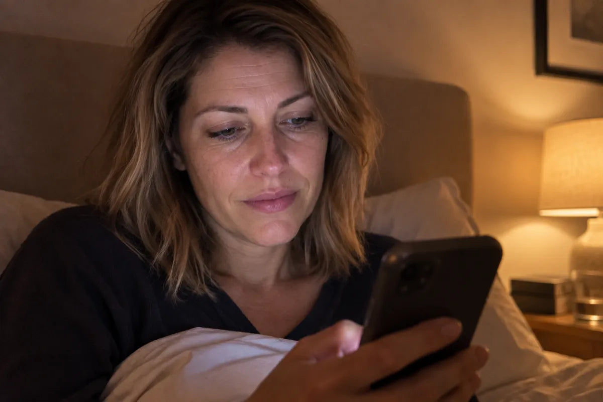 A woman in bed at night, the phone screen lighting her face as she scrolls through old photos