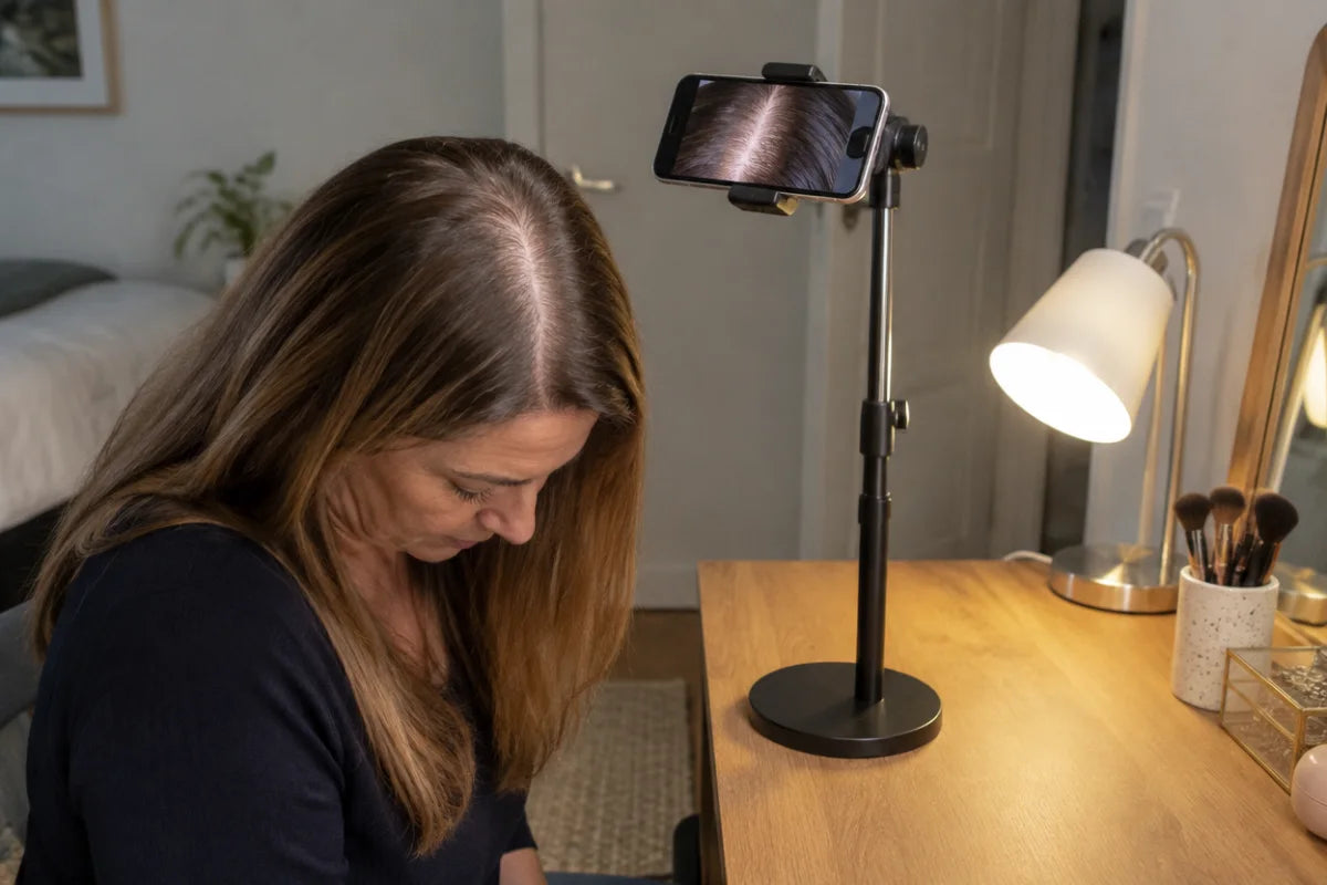 A woman at a dressing table with a phone on a stand pointing down at her parting