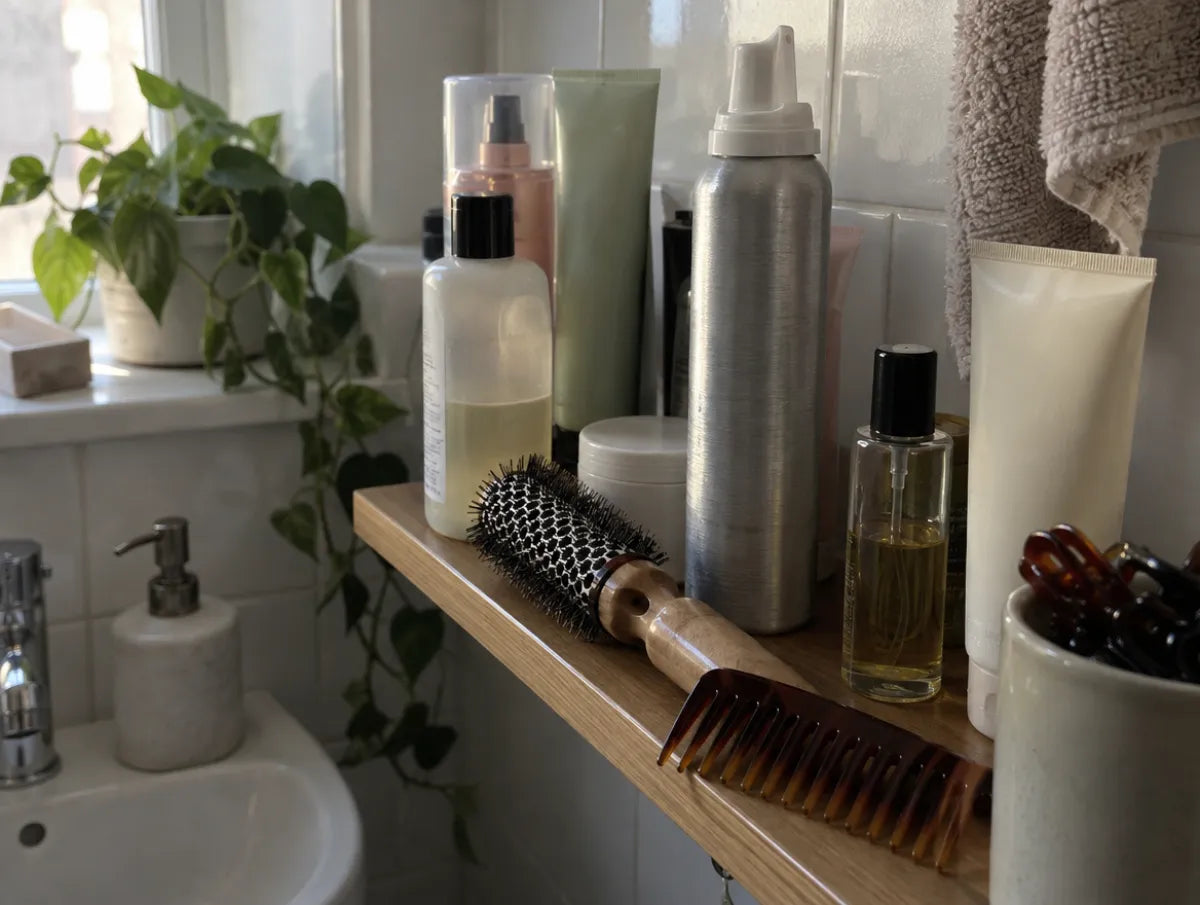 A small bathroom shelf crowded with half-used haircare bottles, a brush and a wide-tooth comb