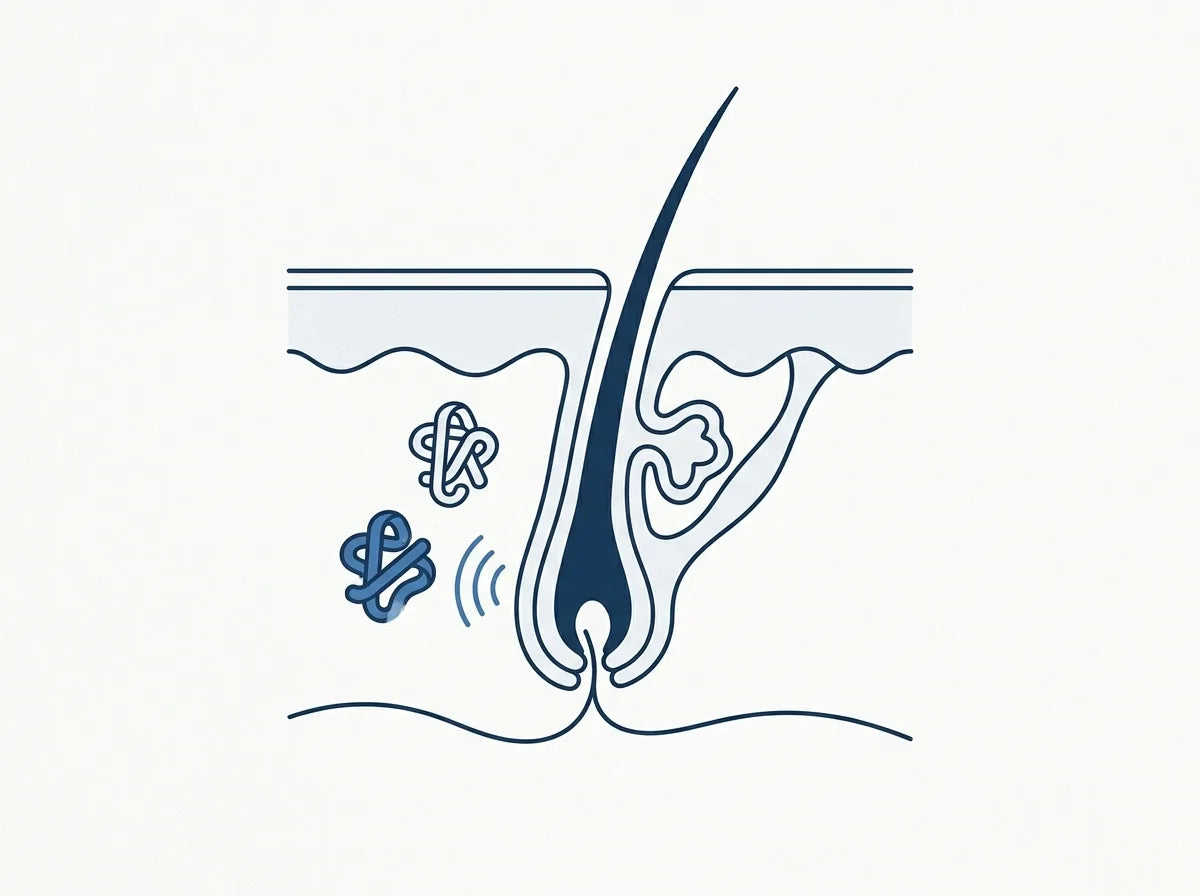 A follicle in cross-section with two small protein shapes beside the bulb