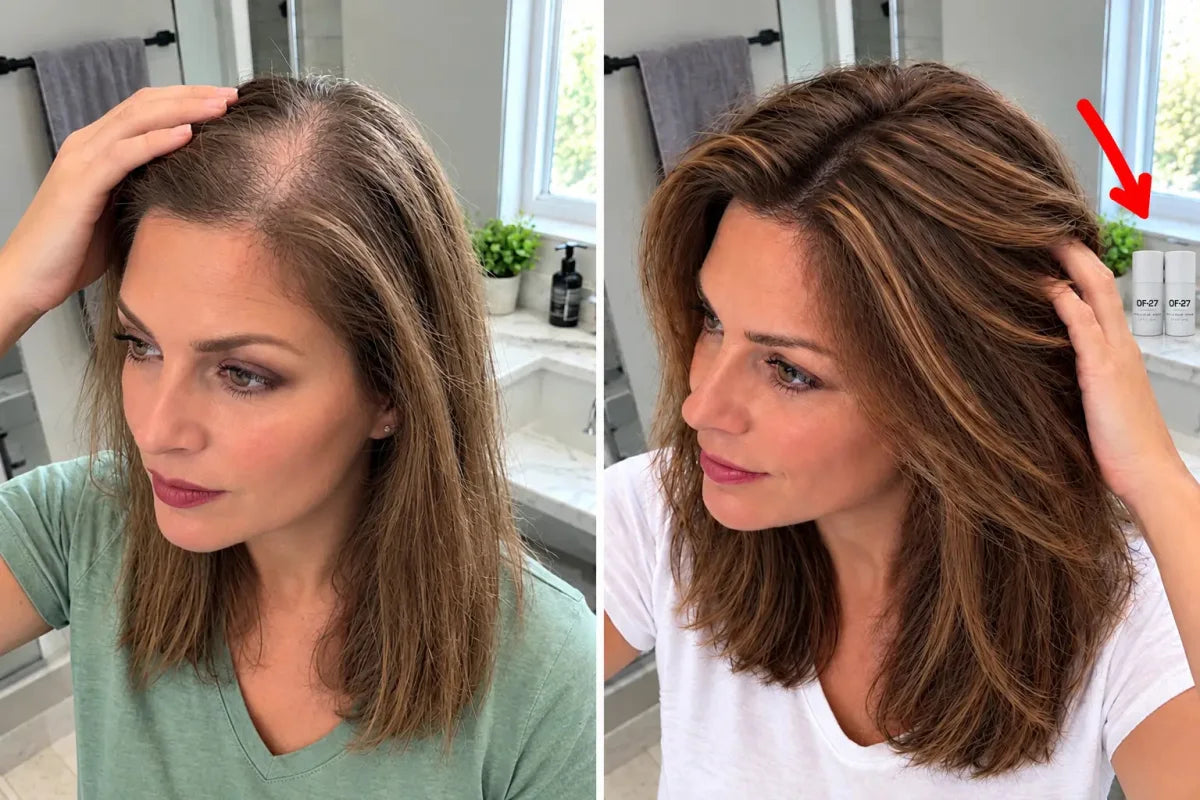 A woman's parting before and after twelve weeks, same mirror, same light