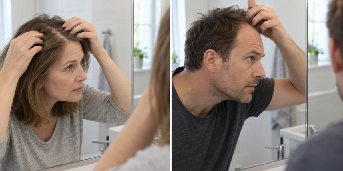 A woman checking her parting and a man checking his hairline in a bathroom mirror