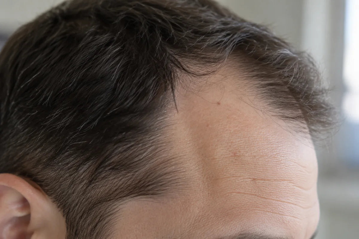 Close-up of a man's temple where the hairline is thinning
