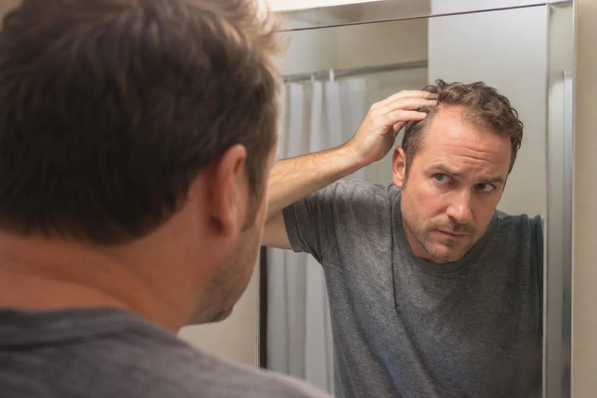 A man checking his temples in the bathroom mirror